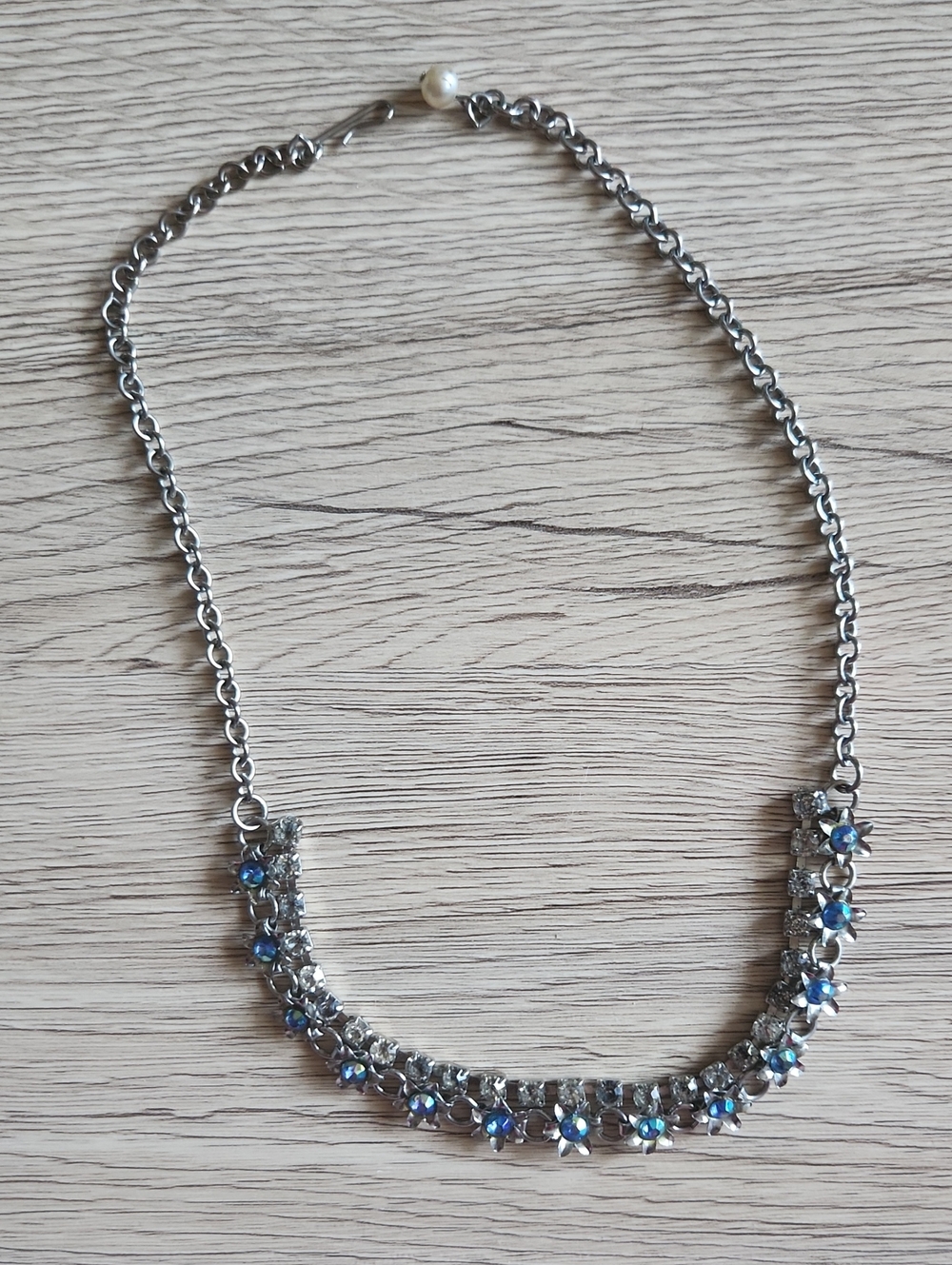 Vintage  Silver-Tone Blue Crystal Flower Necklace - Women Jewelry